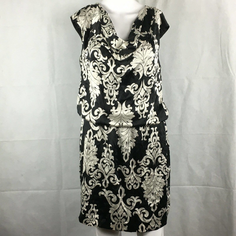 White House Black Market Dress Womens Sz S Black White Damask Silk Drape Blouson